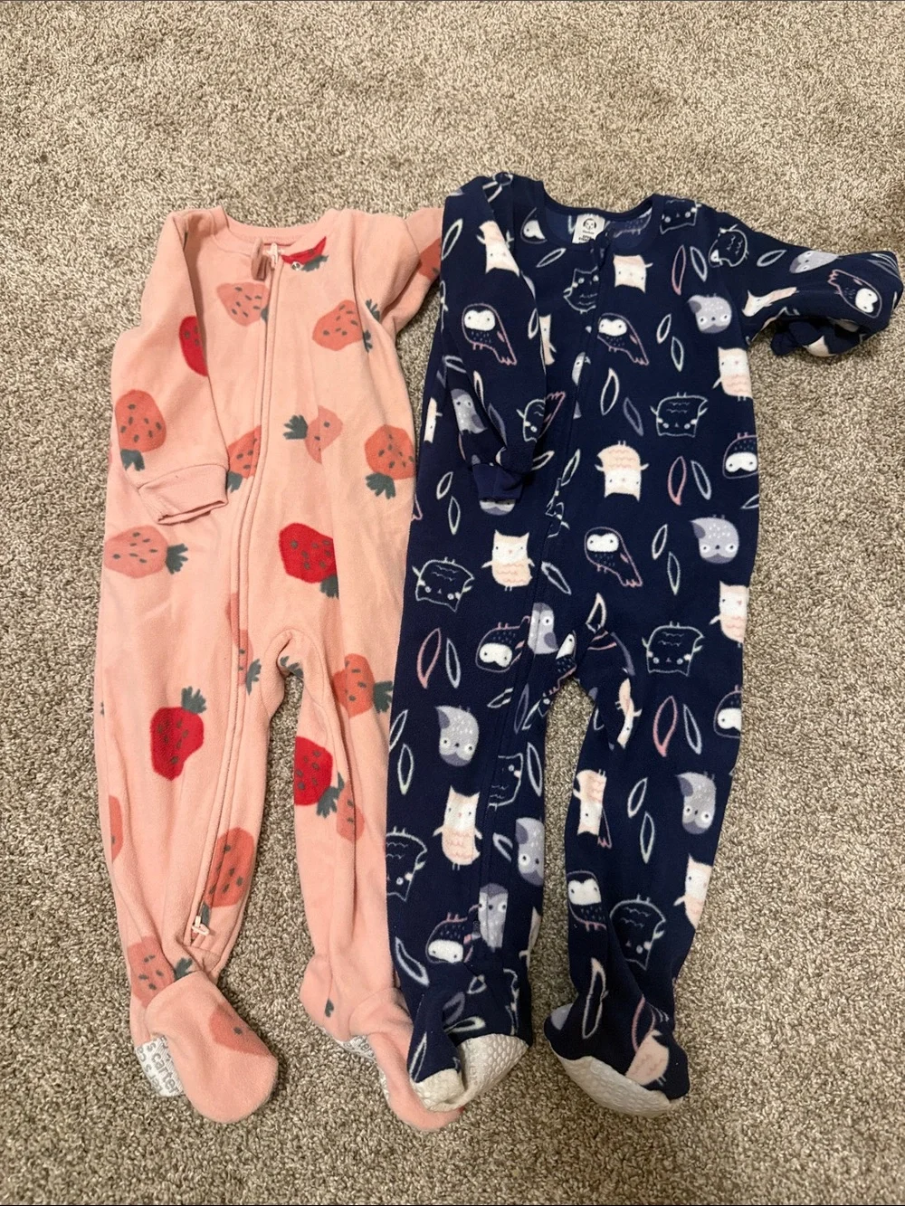 Carter's Pink Strawberry & Navy Owl Fleece Zip Footed Pajama Set